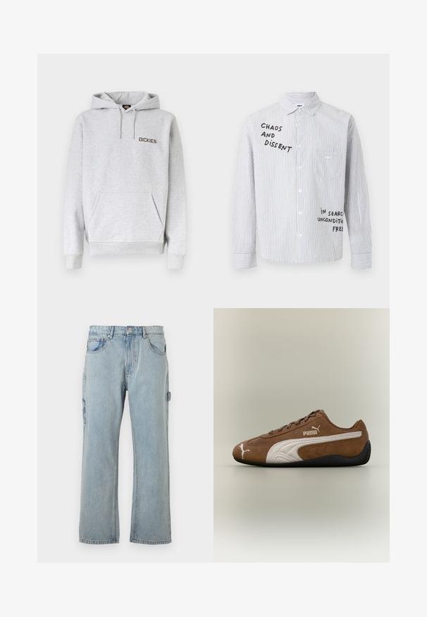 Hellgrauer Kapuzenpullover mit Fronttasche, Kordelzugkapuze, gerippten Bündchen und "DICKIES"-Logo auf der linken Brust.; Weißes Hemd mit dünnen schwarzen vertikalen Streifen und schwarzem Text vorne mit den Worten „CHAOS AND DISSENT“ und „IN SEARCH UNCONDITIONAL FREE“.; Hellblaue Denim-Cargohosen mit lockerer Passform, seitlichen Taschen, geradem Bein-Design und sichtbaren Nähdetails.; Brauner Wildleder-Sneaker mit weißen Akzenten und strukturiertem Design. Mit einer schwarzen Gummisohle und einem auffälligen Puma-Logo an der Seite.