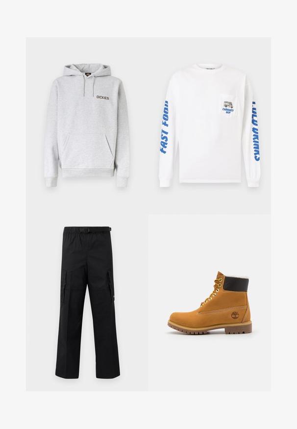Lysegrå hættetrøje med forreste kangurulomme, snøre i hætten, ribstrikkede manchetter og "DICKIES"-logo på venstre bryst.; Hvid langærmet skjorte lavet af bomuld. Har blå tekst på ærmerne og en lomme med et billede af en foodtruck og "Carhartt WIP."; Sorte cargo-bukser med bred ben-design, justerbar talje med spænde og to sidelommer til opbevaring. Letvægtsstof.; Brune læder ankelstøvle med metaløjer, hvid pelsforing, sort polstret krave, robust sål og præget logo på siden.
