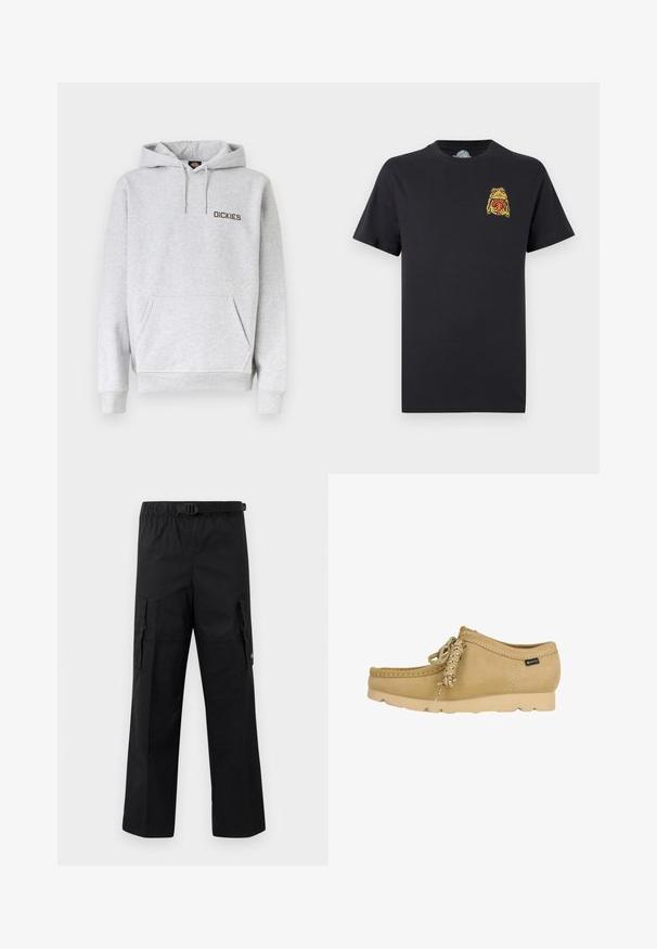 Sweat à capuche gris clair avec poche ventrale, capuche à cordon, poignets côtelés et logo "DICKIES" sur la poitrine gauche.; T-shirt noir à manches courtes avec un petit motif de grenouille jaune et rouge tenant un ballon de basket sur le côté gauche de la poitrine.; Pantalons cargo noirs avec une coupe large, une taille ajustable avec une boucle et deux poches latérales pour le rangement. Tissu léger.; Mocassin en daim beige avec semelle en caoutchouc, détail lacé et petite étiquette en tissu Gore-Tex sur le côté.