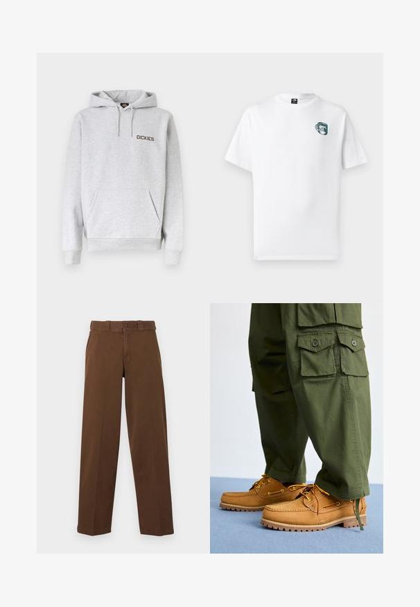 Sweat à capuche gris clair avec poche ventrale, capuche à cordon, poignets côtelés et logo "DICKIES" sur la poitrine gauche.; T-shirt blanc à manches courtes avec un petit motif de tasse verte et le logo "The North Face" sur la poitrine gauche.; Pantalon marron à jambes droites avec fermeture à boutons et zip, passants pour ceinture et poches latérales, présenté sur un fond clair.; Timberland AUTHENTIC 3 EYE - Chaussures bateau - wheat