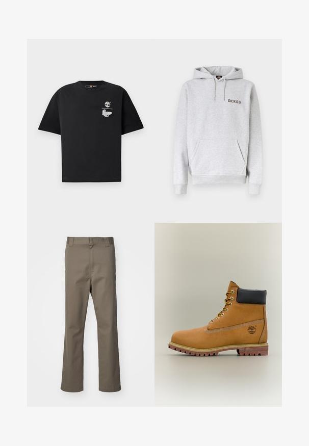 Svetlosivá mikina s kapucňou, predným vreckom na brušku, šnúrkou na kapucni, rebrovanými manžetami a logom "DICKIES" na ľavej strane hrudníka.; Čierne tričko z bavlny s krátkymi rukávmi, s bielym logom a grafickým dizajnom na hrudi. Jednoduchý, voľný strih.; Hnedé nohavice rovného strihu s pútkami na opasok, predným zipsom a bez viditeľných vreciek, vystavené na bielom pozadí.; Hnedá kožená členková členková obuv s čiernym golierom, žltými šnúrkami a béžovou podrážkou. Má logo a biele prešívanie. Hrubá podrážka s dobrým záberom.