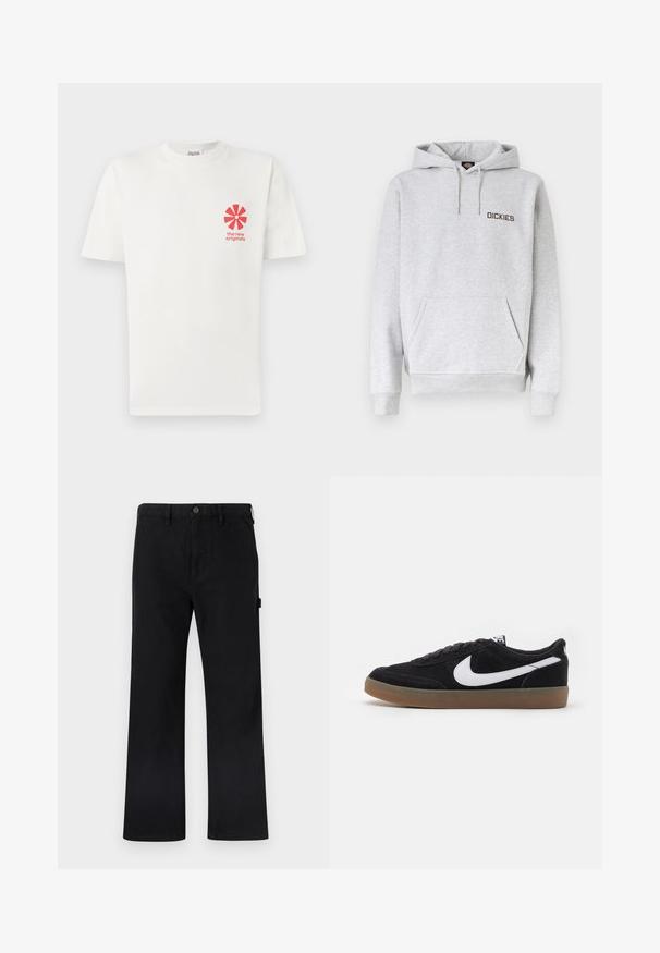 Sudadera con capucha gris claro con bolsillo frontal tipo canguro, capucha con cordón, puños acanalados y el logo "DICKIES" en el pecho izquierdo.; Camiseta de algodón blanca con un diseño gráfico de una flor roja en el lado izquierdo del pecho, con el texto "los nuevos originales" debajo. Manga corta, escote redondo.; Pantalones negros de algodón con piernas rectas, cierre de botones, trabillas para cinturón y bolsillos laterales. Textura lisa sin patrones ni marcas visibles.; Zapatillas de skate de ante negro con el logotipo de Nike en blanco, puntera redonda y suela de goma. Presentan un diseño con cordones planos y un collar acolchado.