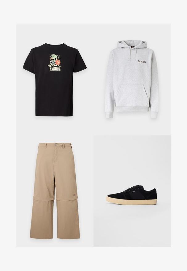 Lysegrå hættetrøje med forreste kangurulomme, snøre i hætten, ribstrikkede manchetter og "DICKIES"-logo på venstre bryst.; Sort bomulds t-shirt med et farverigt grafisk print af en ananas og kirsebær, teksten lyder "Stance Community Run Club." Korte ærmer.; Beige cargobukser med aftagelige ben, bæltestropper, sidelommer og knaplukning, vist på hvid baggrund.; Sort lavtop sneaker med beige tekstureret sål, snørebånd og lille sidelog på en ensfarvet lysegrå baggrund.