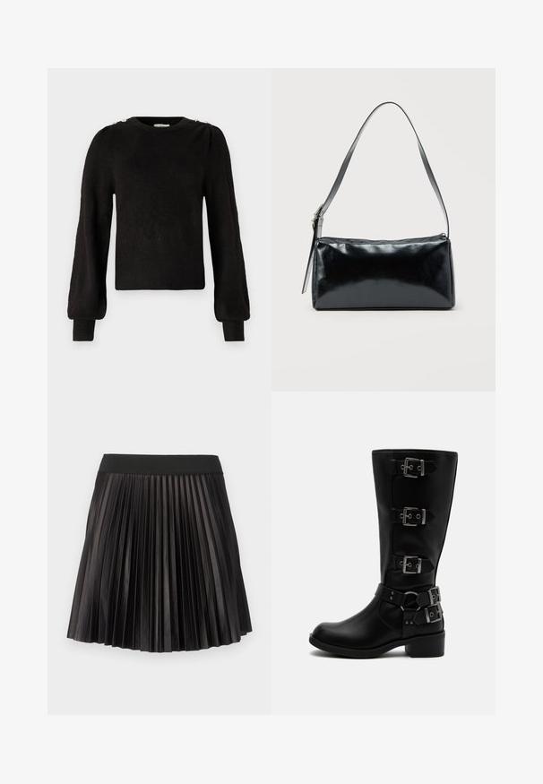 JDY JDYELANORA O NECK BUTTON - Pullover - black; Jupe plissée noire avec une large taille élastique et une texture lisse et brillante sur l'ensemble du tissu.; Botte en cuir noire mi-mollet avec quatre boucles métalliques réglables et un petit talon bloc sur fond blanc.; Sac d'épaule rectangulaire noir avec une sangle réglable unique et une fermeture éclair supérieure sur un fond uni.