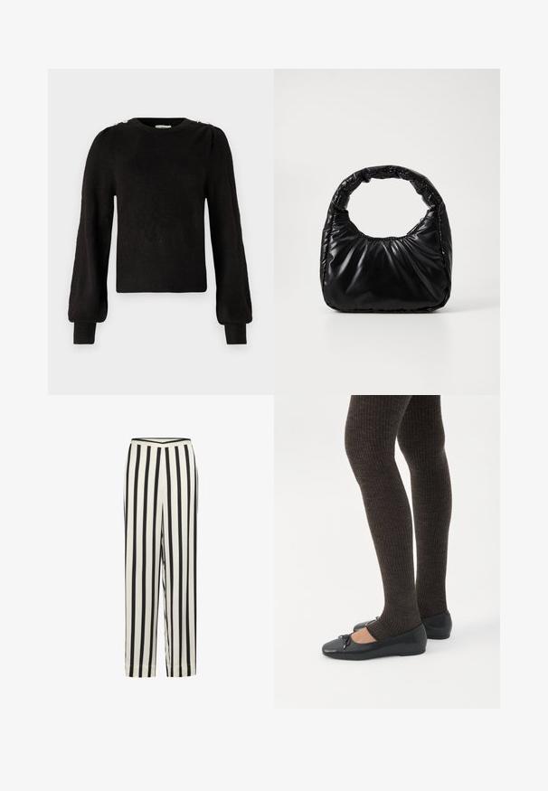 JDY JDYELANORA O NECK BUTTON - Striktrøje - black; Sort-hvid stribede bukser med lige ben og elastisk talje. Fremstillet af letvægtsstof med en glat tekstur.; Ben iført mørke ribbede leggings kombineret med sorte balletsko med små sløjfedetaljer på hvid baggrund.; Sort polstret håndtaske med et rundt håndtag, der har en glat, skinnende overflade og en blød, kviltet tekstur. Ingen synlige hardware eller accenter.