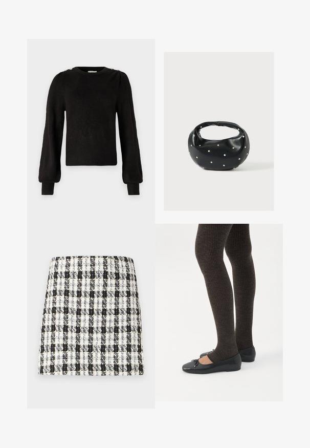 JDY JDYELANORA O NECK BUTTON - Pullover - black; Jupe à carreaux noir et blanc en tissu texturé, dotée d'un design structuré avec une coupe droite et des détails minimalistes.; Jambes portant des leggings côtelés foncés associés à des ballerines noires avec de petits détails en nœud sur fond blanc.; Sac à main en cuir noir de forme arrondie, décoré de clous argentés et équipé d'une poignée courte. Texture lisse et fermeture éclair.