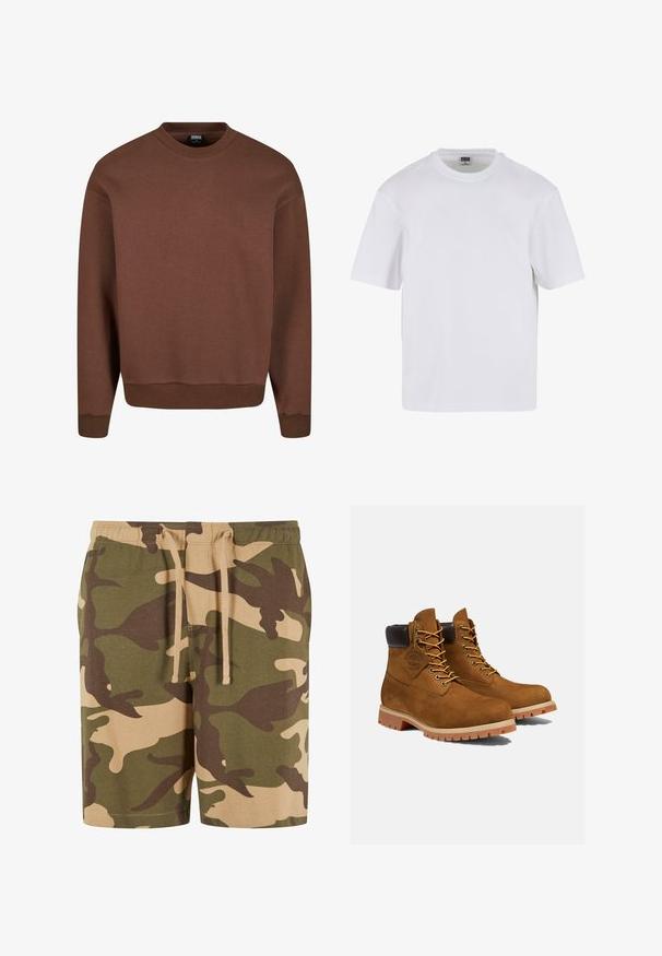 Brauner Rundhalsausschnitt-Sweatshirt aus weichem Stoff, mit gerippten Bündchen und Saum, einer glatten Textur und einer klassischen Silhouette.; Weißes T-Shirt mit kurzen Ärmeln aus Baumwolle. Besitzt einen Rundhalsausschnitt und eine lockere Passform. Glatte Textur, minimalistisches Design, ohne Muster oder Akzente.; Camo-Shorts aus Baumwollmischung mit grünem, braunem und beigem Muster. Verfügt über einen elastischen Taillenbund mit Kordelzug. Lässiger Schnitt und knielange Form.; Braune Wildleder-Stiefeletten mit einem gepolsterten schwarzen Kragen, goldenen Ösen und einer dicken Gummisohle mit einem Rillenmuster für besseren Grip.