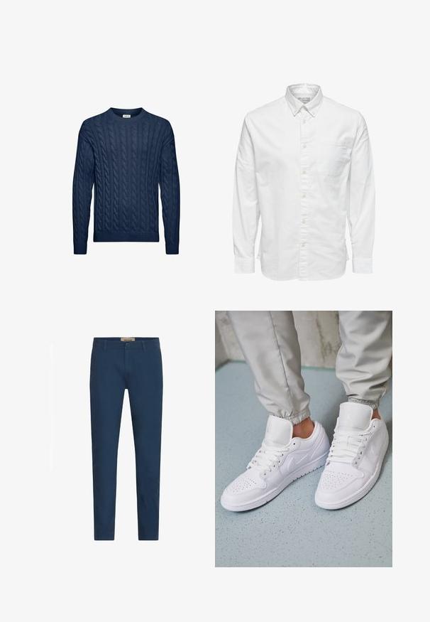 Marineblå strikket sweater med kabelmønstre, rund halsudskæring og ribbede manchetter og kant. Fremstillet af tekstureret stof for varme.; Hvid skjorte med lange ærmer, knapper, krave og brystlomme, med mærket "Selected Homme" på indersiden af kraven.; Marineblå slim-fit herrebukser med bælteløkker, frontlukning med knap og sidelommer, præsenteret mod en hvid baggrund.; Hvide lædersneakers har en perforeret tåboks, flade snørebånd, polstret krave og Jordan-logoet på tungen. Båret med grå joggers.