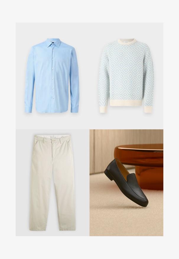 Himmelblauer und cremefarbener, rautenförmiger, gestrickter Pullover mit gerippten Bündchen, Saum und Rundhalsausschnitt, auf weißem Hintergrund präsentiert.; Hellblaues, langärmliges Hemd mit Knopfleiste aus glattem Stoff. Verfügt über einen klassischen Kragen und eine Vorderplakette mit weißen Knöpfen.; Helle beige Chino-Hosen mit geradem Bein, Fronttaschen, Gürtelschlaufen, Knopfverschluss und Reißverschluss, flach auf weißem Hintergrund präsentiert.; Schwarzer Lederschuh (Loafer), der auf beigem Teppich liegt, mit einem glänzenden braunen runden Tisch im Hintergrund.