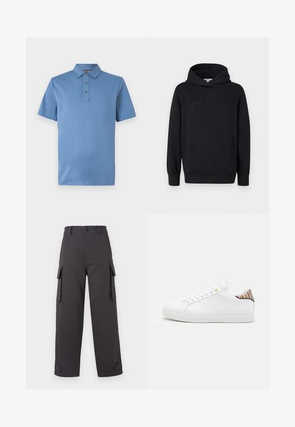Zwarte hoodie, zachte stof, pullover ontwerp, voorzak in kangoeroestijl, reliëf 'QUARTZ CO' logo op de borst, ribgebreide manchetten en onderkant.; Blauw poloshirt met korte mouwen, klassieke kraag, drieknopenbies en subtiel "MK"-logo op de linkerborst.; Cargo pants in donkergrijs, gemaakt van een soepele stof, met twee zijzakken en knoopsluitingen. Losse pasvorm met geknopte zoom.; Witte leren sneaker met een gladde afwerking, voorzien van een kleurrijke gestreepte accent op de hiel, gouden oogjes en een vlakke witte zool.