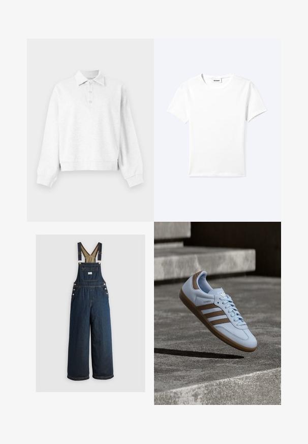 Jersey de manga larga color gris claro con cuello y tres botones en la tapeta, puños acanalados y un dobladillo ligeramente cropado.; Camiseta blanca lisa de manga corta con cuello redondo y una pequeña etiqueta "WEEKDAY" dentro del cuello, mostrada extendida sobre un fondo claro.; Pantalones de mezclilla azul oscuro con piernas anchas, tirantes ajustables y detalles de botones. Incluye un bolsillo frontal y una textura lisa y sólida.; Zapatilla de deporte azul claro con detalles en ante marrón, presenta tres franjas laterales, cordones planos y una suela de goma texturizada. Logotipo de la marca en la lengüeta.