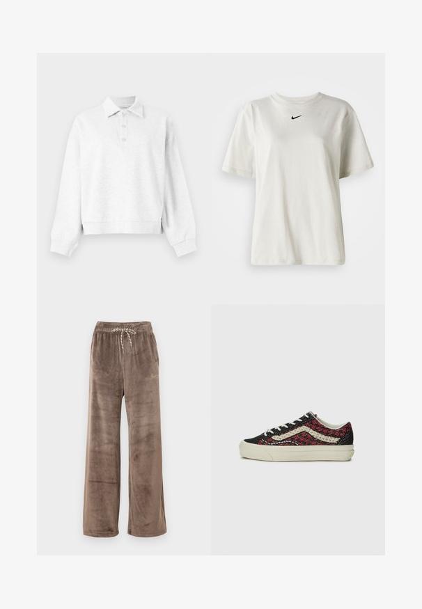Jersey de manga larga color gris claro con cuello y tres botones en la tapeta, puños acanalados y un dobladillo ligeramente cropado.; Camiseta de algodón blanca con cuello redondo y mangas cortas. Presenta un pequeño logotipo negro de Nike en el pecho. Diseño sencillo y sin adornos.; Pantalones anchos de terciopelo marrón con cintura elástica y cordón a rayas, con un pequeño logo dorado de Nike en el muslo derecho.; Vans OLD SKOOL 36 UNISEX - Zapatillas - bordeaux