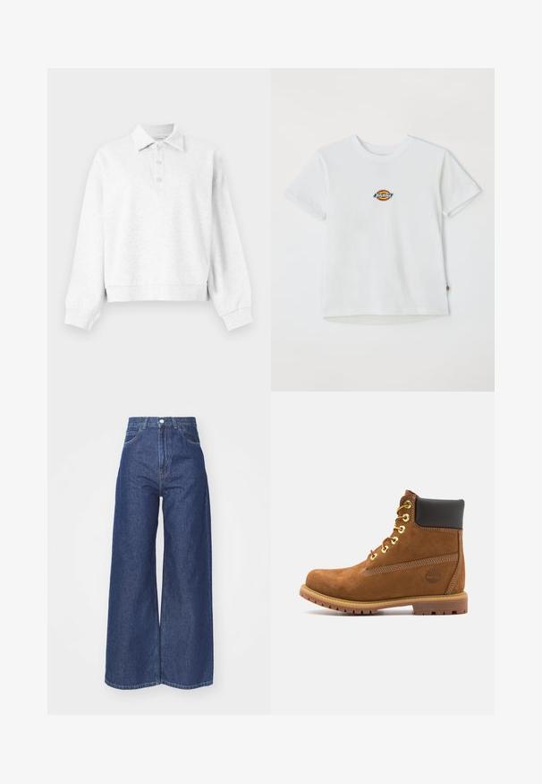 Lysegrå pullover med lange ærmer, krave og tre knapper på slidserne, ribbede manchetter og en let cropped kant.; Hvid bomulds t-shirt med et rundt logo med flerfarvede accenter. Korte ærmer og rund halsudskæring, med et lille mærke ved kanten.; Bredde ben jeans lavet af mørkeblå denim. Høj talje med lynlås og knaplukning. Har klassisk fem-lomme stil og omfoldede kanter.; Brun ruskinds ankelstøvle med sort polstret krave, gyldne øjer, snørebånd foran og gummisål med et struktureret mønster.