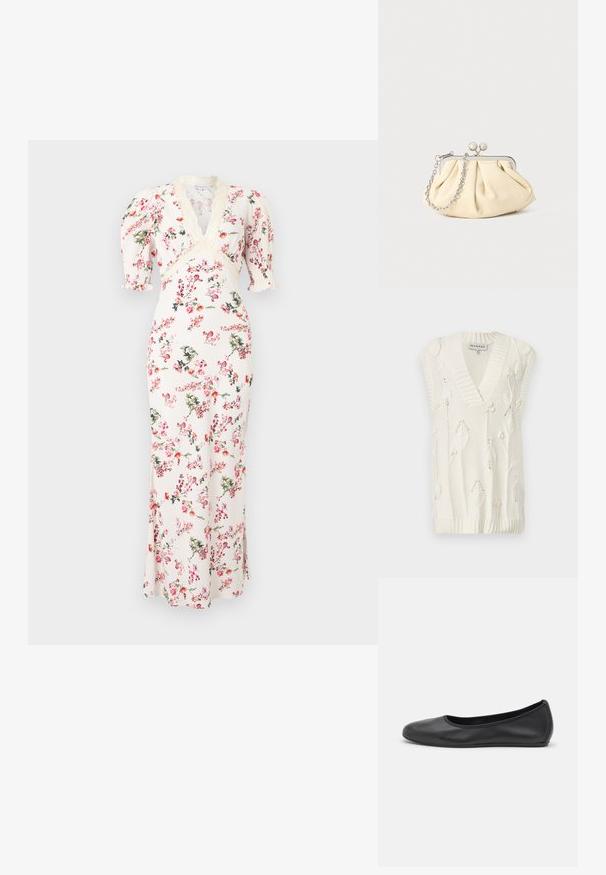 Pull sans manches en maille blanche avec col en V, bords côtelés et détails de broderie florale sur l'ensemble. Texture douce avec une coupe décontractée.; Robe longue blanche avec imprimé floral rose et vert, décolleté en V, bordure en dentelle et manches mi-longues bouffantes.; Ballerines en cuir noir avec un bout rond, texture lisse, détails de couture minimalistes et design de semelle flexible.; Pochette en cuir beige plissé avec un cadre en métal argenté, dotée de deux fermoirs ronds décoratifs et d'une chaîne en argent.