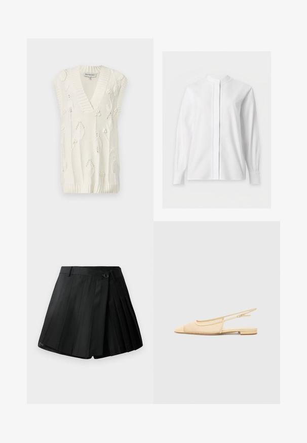 Pull sans manches en maille blanche avec col en V, bords côtelés et détails de broderie florale sur l'ensemble. Texture douce avec une coupe décontractée.; Blouse blanche manches longues avec col mao et patte de boutonnage cachée, présentée sur un fond blanc uni.; Shorts plissés noirs avec un devant plat, fermeture à bouton et tissu léger. Détails avec des plis marqués et un ourlet net.; Chaussure plate slingback en beige clair avec une tige en maille, un bout pointu et un petit talon. Dotée d'une sangle ajustable pour un bon maintien.