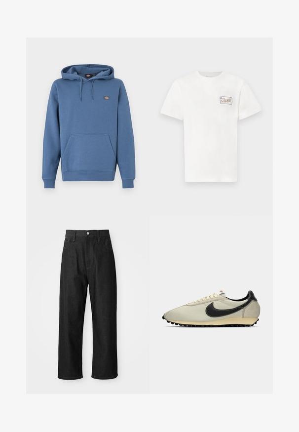 Sudadera con capucha de color azul medio, fabricada con un material suave, con un bolsillo frontal, puños acanalados y un logo bordado en el pecho.; Camiseta de algodón blanca con mangas cortas, que presenta un pequeño parche de logo rectangular en el lado izquierdo del pecho con texto y borde colorido.; Pantalones de mezclilla negros con un corte relajado, cintura alta, cierre de cremallera y diseño de cinco bolsillos. Costuras visibles que realzan el diseño.; Zapatillas de lona beige con acentos de cuero negro, puntera redondeada, suela plana negra y cordones blancos. Presenta un logotipo negro destacado.