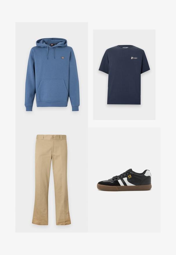 Kapuzensweatshirt in mittlerem Blau, aus weichem Material, mit einer Fronttasche, gerippten Bündchen und einem gestickten Logo auf der Brust.; Marineblaues T-Shirt mit kurzen Ärmeln und Rundhalsausschnitt, mit kleinem Wrangler-Logo in Weiß und Braun auf der linken Brust gestickt.; Beige Schlaghose aus einem Baumwollmix, mit Knopfverschluss, Gürtelschlaufen und flacher Vorderseite mit glatter Textur.; Schwarz-weiße Sneakers mit einem Obermaterial aus Wildleder und Leder, ausgestattet mit weißen Streifen, schwarzen Schnürsenkeln und einer braunen Gummisohle. Mit goldenen Logo-Akzenten.