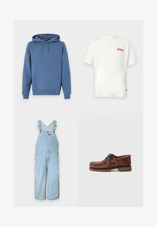 Hættetrøje i en mellemblå farve, lavet af blødt materiale med en frontlomme, ribstrikkede ærmeafslutninger og et broderet logo på brystet.; Hvid bomulds t-shirt med korte ærmer, der har en lille rød "DICKIES"-logo på venstre brystområde. Casual, afslappet pasform.; Lyseblå denimseler med justerbare stropper, brystlomme foran med logopatch og vide ben.; Brune læder bådsko med struktureret overdel, sorte snørebånd og gyldne øjer. Har en holdbar, rillede gummisål.