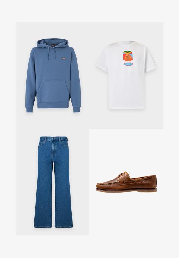 Hoodie in middenblauwe kleur, gemaakt van zacht materiaal met een voorzak, geribbelde manchetten en een geborduurd logo op de borst.; Wit T-shirt met korte mouwen met een kleurrijke abstracte afbeelding met een bloem en een blauw Nike-logo op de borst.; Wijde denim jeans in blauw. Voorzien van een klassieke vijfzakkenontwerp, knoopsluiting en een uitgebleekte textuur. Rechte zoom met subtiele stikdetails.; Brown leren botenschoen met gestikte accenten, voorzien van metalen oogjes, een verhoogde naad op de neus en een platte rubberen zool.