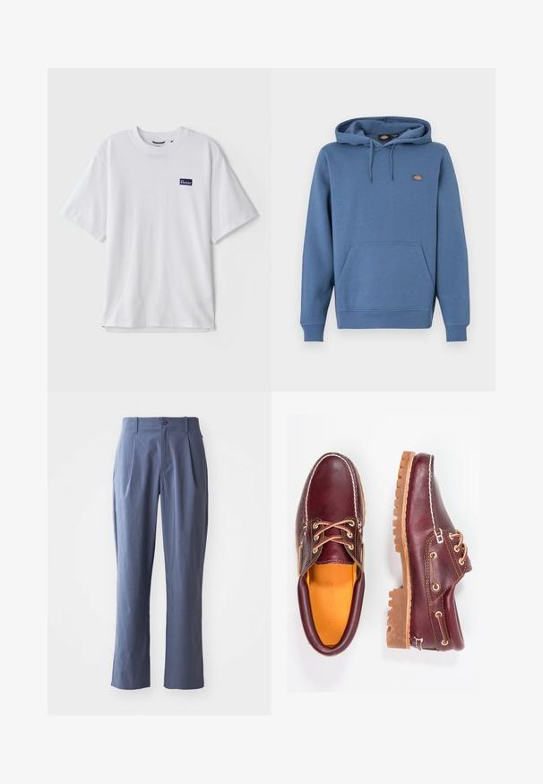 Kapuzensweatshirt in mittlerem Blau, aus weichem Material, mit einer Fronttasche, gerippten Bündchen und einem gestickten Logo auf der Brust.; Weißes T-Shirt aus Baumwolle mit Rundhalsausschnitt, kurzen Ärmeln und einem navyblauen rechteckigen Logo-Patch auf der linken Brustseite.; Marineblaue Hose mit Falten, gerader Schnitt, aus leichtem Stoff, mit einem einzigen Frontknopfverschluss und Gürtelschlaufen.; Bordeauxfarbene Lederschuhe mit braunen Gummisohlen, runder Zehenform, weißen Nähten und goldenen Ösen. Das Innenfutter weist eine gelbe Beschichtung auf.