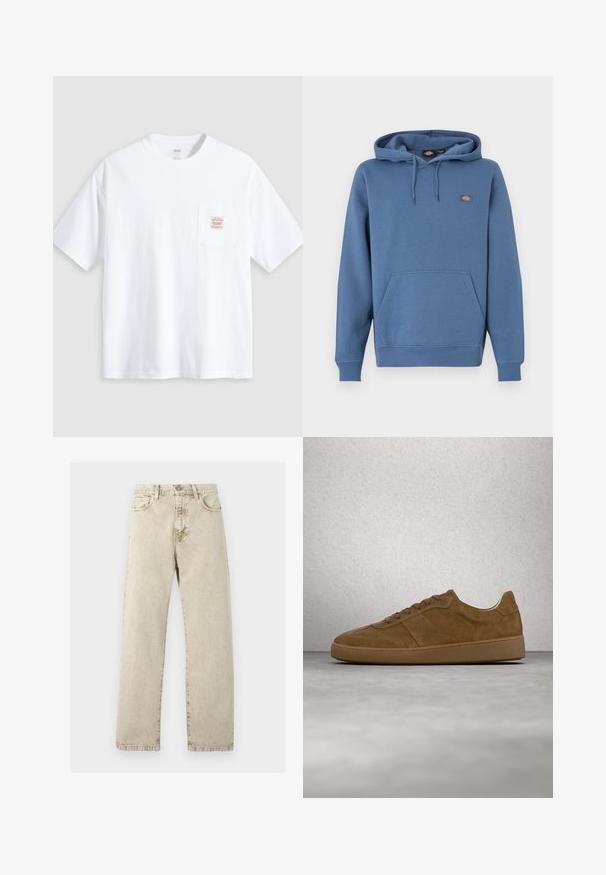Kapuzensweatshirt in mittlerem Blau, aus weichem Material, mit einer Fronttasche, gerippten Bündchen und einem gestickten Logo auf der Brust.; Weißes T-Shirt mit kurzen Ärmeln und Rundhalsausschnitt sowie einer kleinen Brusttasche vorne mit einem beige-roten rechteckigen Label.; Beige Jeans aus Denim mit hoher Taille, geradem Bein, fünf Taschen und sichtbaren Nähten auf hellem Hintergrund.; Brauner Veloursleder-Sneaker mit hellbraunen Schnürsenkeln und Gummisohle. Verfügt über eine abgerundete Zehenpartie und gestickte Details am Obermaterial. Leichtes Design.
