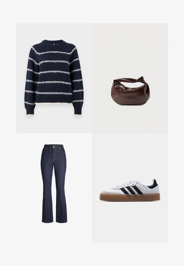 Pieces Knitted PCNEILIA - Pullover - sky captain; Jean denim bleu foncé taille haute avec bouton et fermeture éclair à l'avant, poches avant et jambes légèrement évasées.; Baskets en cuir blanc avec des rayures noires, semelle extérieure en caoutchouc beige, bout rond, fermeture lacée et embout en suède gris doux.; Sac bandoulière en cuir marron foncé avec une forme souple et décontractée et une anse nouée torsadée sur un fond blanc uni.