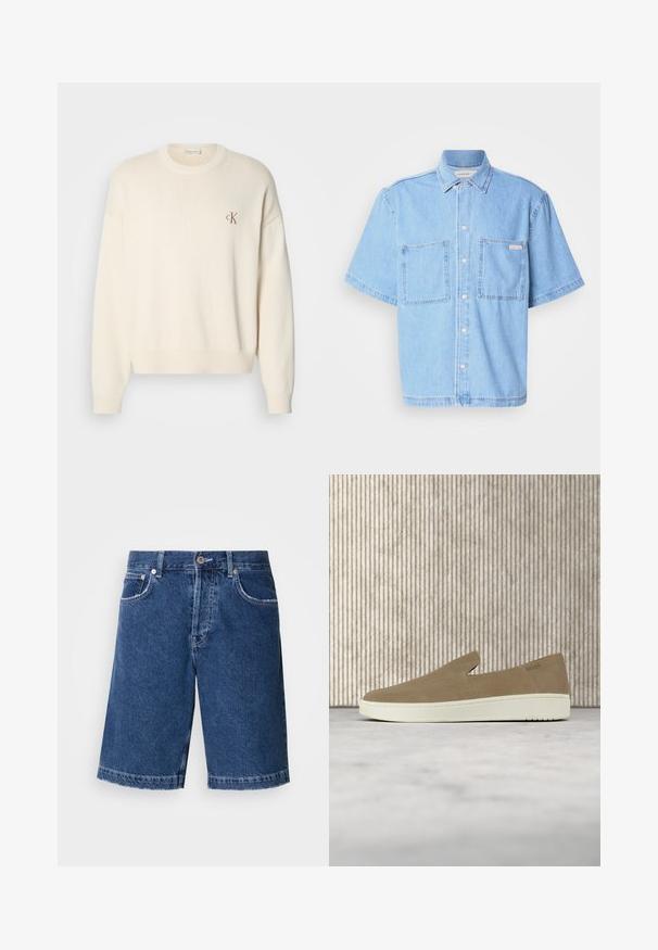Crème-kleurige gebreide trui met een geribbelde structuur, ronde halslijn en drop shoulders. Bevat een klein bruin geborduurd logo op de borst.; Lichtblauwe denim overhemd met korte mouwen, voorzien van een knoopsluiting aan de voorkant, twee borstzakken en een klassieke kraag. Opmerkelijke stikseldetails.; Donkerblauwe denim shorts met een rechte snit, twee voorzakken en een klassieke knoopsluiting. Gestikte zoom met lichte vervaging.; Beige instapper met witte zool, zwevend in de lucht boven een licht tapijt met amberkleurig transparant meubilair op de achtergrond.