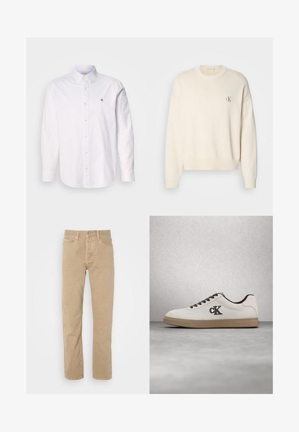 Suéter de punto color crema con textura acanalada, escote redondo y hombros caídos. Presenta un pequeño logotipo bordado en marrón en el pecho.; Camisa blanca de algodón, con cuello clásico, mangas largas y un pequeño logo de CK en el lado izquierdo del pecho. Textura suave.; Pantalones de algodón beige con un diseño de pierna recta, que cuentan con bolsillos frontales, cierre de botón y detalles de costura sutiles a lo largo de las costuras.; Zapatilla blanca con detalles en marrón, material de ante, cordones planos y suela de goma. Presenta un logotipo en el lateral y una textura lisa.
