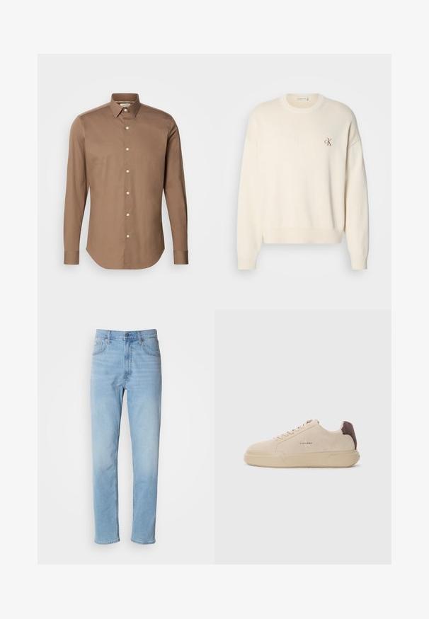Pull en tricot couleur crème avec une texture côtelée, col rond et épaules tombantes. Présente un petit logo brodé marron sur la poitrine.; Calvin Klein SLIM - Chemise - new tan; Jean en denim bleu clair avec une coupe droite, cinq poches et passants de ceinture. Le tissu présente une texture lisse avec un léger effet dégradé.; Baskets en daim beige avec un bout rond, lacets à l'avant et un accent en daim marron sur le talon. Dotées d'une semelle en caoutchouc texturé.