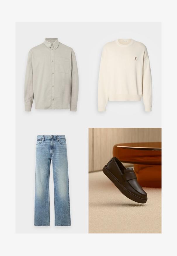 Kremfarvet strikket sweater med ribbet tekstur, rund halsudskæring og drop-skuldrer. Har et lille brunt broderet logo på brystet.; Lysegrå langærmet skjorte med knapper, lavet af blødt stof. Har en button-down krave, en frontal lomme og en afslappet pasform.; Lyseblå denim jeans med lige ben, højt talje, fem lommer, knaplukning og diskrete falmede områder på lår og knæ.; En enkelt mørkebrun læderloafer, der svæver over en cremefarvet tæppe med et rundt orange bord i baggrunden.