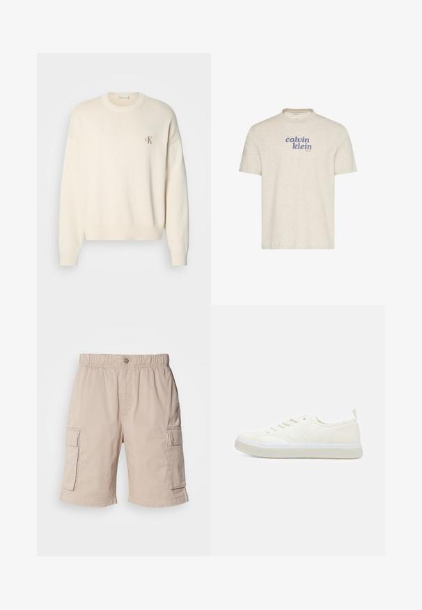 Cremefarbenes Strickpullover mit grober Textur, rundem Ausschnitt und überschnittenen Schultern. Mit einem kleinen braunen gestickten Logo auf der Brust.; Beiges T-Shirt mit kurzen Ärmeln und Rundhalsausschnitt mit blauem "calvin klein" Schriftzug auf der Brust.; Beige Cargo-Shorts mit elastischem Bund, Knopfverschluss, zwei Seitentaschen und zusätzlichen Taschen an den Oberschenkeln. Leichter Stoff.; Calvin Klein TOP LACE UP UNIFIT - Sneaker low - salt bay