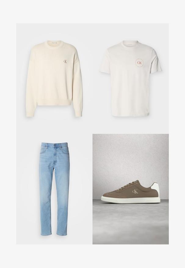 Crème-kleurige gebreide trui met een geribbelde structuur, ronde halslijn en drop shoulders. Bevat een klein bruin geborduurd logo op de borst.; Witte T-shirt met korte mouwen en ronde hals, met een klein rood rond "CK Calvin Klein" logo op de linkerkant van de borst.; Lichtblauwe denim jeans met een rechte pasvorm, vijf zakken en riemlussen. De stof heeft een gladde textuur met een lichte vervaging.; Taupekleurige Calvin Klein sneaker met beige veters en witte zool, zwevend boven een gladde grijze vloer nabij een glazen blokmuur.