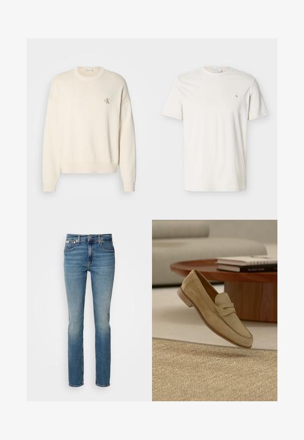 Crème-kleurige gebreide trui met een geribbelde structuur, ronde halslijn en drop shoulders. Bevat een klein bruin geborduurd logo op de borst.; Effen wit T-shirt met korte mouwen, ronde hals en een klein CK-logo op de linkerborst.; Lichtblauwe denim jeans met een slim fit, voorzien van vijf zakken, een sluiting met een knoop aan de voorkant en minimale vervaging voor een nette uitstraling.; Beige suède loafer met pennybanddetail zwevend boven een gestructureerd beige tapijt, met een ronde houten salontafel en gestapelde boeken op de achtergrond.