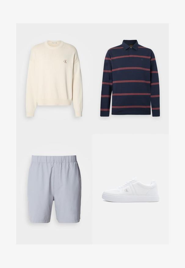 Pull en tricot couleur crème avec une texture côtelée, col rond et épaules tombantes. Présente un petit logo brodé marron sur la poitrine.; Polo à manches longues bleu marine avec col et double bandes horizontales rouges sur le corps et les manches.; Shorts de bain gris clair avec une taille élastique, deux poches latérales et un tissu lisse et léger. Aucuns motifs ou embellissements visibles.; Baskets blanches basses en tissu texturé, fermeture à lacets, semelle plate et logo "cK" discret sur le panneau latéral.