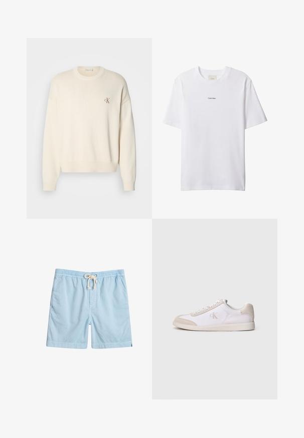 Crème-kleurige gebreide trui met een geribbelde structuur, ronde halslijn en drop shoulders. Bevat een klein bruin geborduurd logo op de borst.; Witte katoenen T-shirt met een ronde hals en korte mouwen. Heeft een klein zwart "Calvin Klein"-logo in het midden van de borst.; Lichtblauwe zwemshorts van zachte stof, voorzien van een elastische tailleband, zijzakken en een trekkoord voor verstelbaarheid.; Witte en beige lage sneaker met vetersluiting, suède accenten en "cK"-logo op de zijkant, zijaanzicht tegen een effen achtergrond weergegeven.