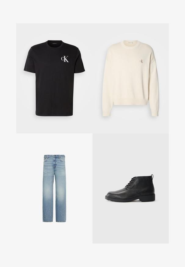 Cremefarbenes Strickpullover mit grober Textur, rundem Ausschnitt und überschnittenen Schultern. Mit einem kleinen braunen gestickten Logo auf der Brust.; Schwarzes Baumwoll-T-Shirt mit kurzen Ärmeln und einem weißen "ck"-Logo auf der linken Brust. Rundhalsausschnitt und gerader Saum.; Hellblaue Jeans mit geradem Bein, dezent ausgewaschen und kleinen distressed Stellen nahe dem unteren Saum an beiden Beinen.; Schwarze Lederstiefel mit strukturierter Oberfläche, runder Zehenpartie, Schnürung vorne und einer robusten Gummisohle. Verfügt über eine kleine Zuglasche an der Rückseite.