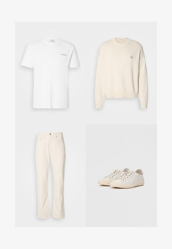 Suéter de punto color crema con textura acanalada, escote redondo y hombros caídos. Presenta un pequeño logotipo bordado en marrón en el pecho.; Camiseta de algodón blanca con mangas cortas y un escote en forma de cuello redondo. Presenta un pequeño logotipo negro de "Calvin Klein" en el lado izquierdo del pecho.; Jeans de algodón color beige con un diseño clásico de pierna recta, que cuentan con un cierre frontal de botón, cinco bolsillos y detalles de costura sutiles.; Zapatillas blancas de cuero liso con costuras al tono, cierre de cordones, puntera redondeada y suela de goma texturizada.