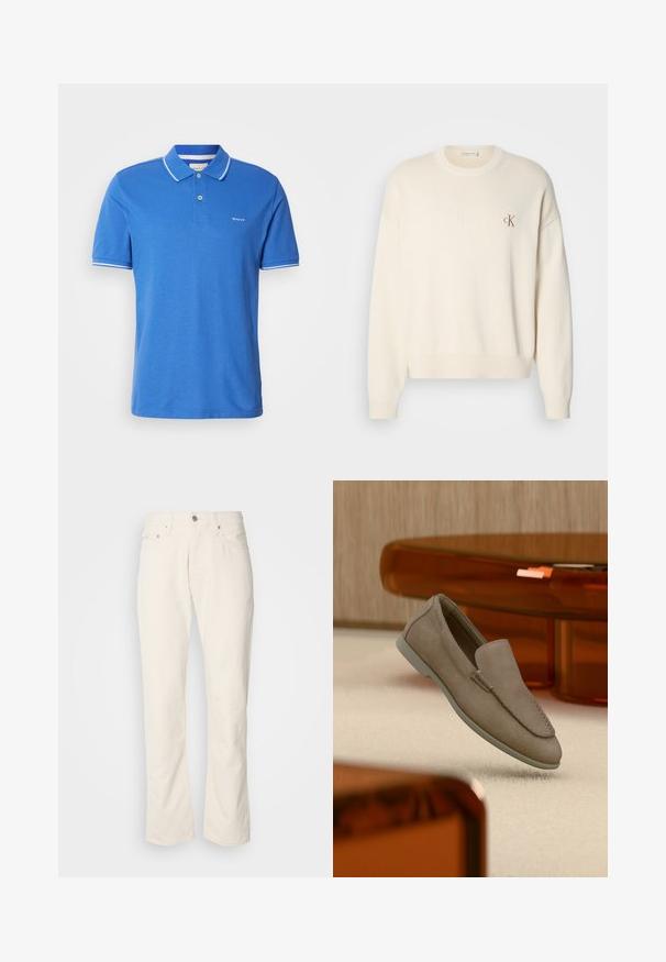 Suéter de punto color crema con textura acanalada, escote redondo y hombros caídos. Presenta un pequeño logotipo bordado en marrón en el pecho.; Polo azul hecho de algodón con un cuello clásico. Presenta un ribete blanco en las mangas, un logo en el pecho y una tapeta de botones.; Jeans de algodón color beige con un diseño clásico de pierna recta, que cuentan con un cierre frontal de botón, cinco bolsillos y detalles de costura sutiles.; Mocasín beige de ante sin cordones con costuras visibles y suela clara, posicionado sobre una alfombra color crema, con un mueble translúcido naranja en el fondo.