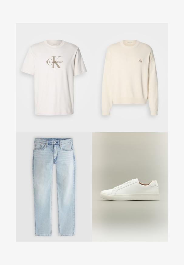 Kremfarvet strikket sweater med ribbet tekstur, rund halsudskæring og drop-skuldrer. Har et lille brunt broderet logo på brystet.; Hvid kortærmet bomulds t-shirt med beige "cK Calvin Klein" logo trykt over brystet, rund udskæring og afslappet pasform.; Lyseblå jeans med lige ben, frontlås med knap og lynlås, lommer foran og bagpå samt synlige sømdetaljer.; Hvid lavt snøresko med snørelukning og flad sål, vist fra siden på en neutral baggrund.