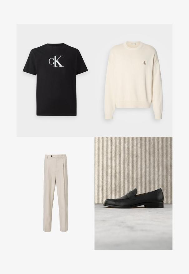 Cremefarbenes Strickpullover mit grober Textur, rundem Ausschnitt und überschnittenen Schultern. Mit einem kleinen braunen gestickten Logo auf der Brust.; Schwarzes Baumwoll-T-Shirt mit einem silbernen "ck"-Logo auf der Vorderseite. Kurzärmlig und mit einem runden Halsausschnitt in regulärer Passform.; Beige maßgeschneiderte Hose mit geradem Beinschnitt, vorderen Falten, Knopfverschluss und glatter Stoffstruktur.; Schwarzer Leder-Slipper schwebt über einem beigen Teppich, im Hintergrund ein glänzender, runder brauner Tisch.