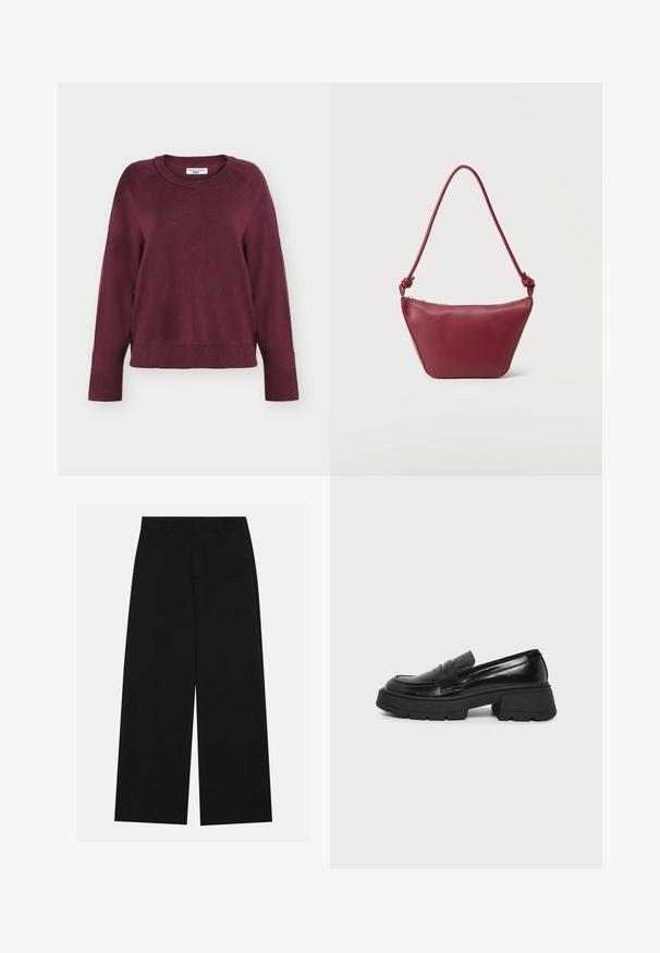 Pull à manches longues bordeaux avec col rond, poignets et ourlet côtelés, présenté sur fond blanc uni.; Pantalons noirs à jambe large en tissu lisse. Dotés d'une taille plate avec passants de ceinture et sans poches visibles. Design simple.; Mocassin en cuir noir avec semelle plateforme épaisse et petit talon carré, profil latéral visible sur fond clair uni.; Petit sac à bandoulière en cuir marron foncé avec bandoulière nouée et fermeture éclair supérieure, sur un fond clair uni.