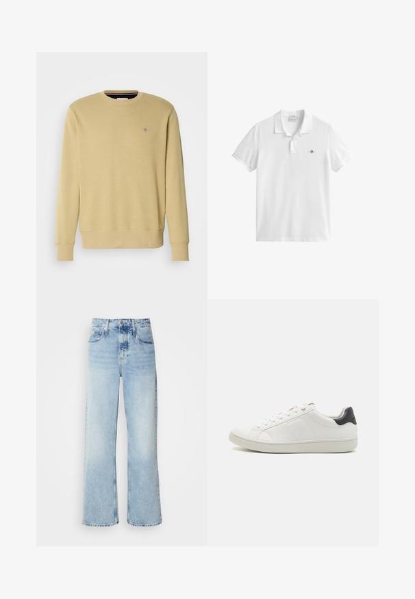 Hele kollane dress, mis on valmistatud pehmest puuvillast. Omab ümmargust kaelust, pikki varrukaid ja väikest tikanditud logo rinnal.; Valge lühikeste varrukatega polosärk, kahe nööbi ja väikese tikitud kilbi logoga vasakul rinnal.; Heled sinine laia säärega teksapüksid kõrge vöökohaga, millel on tuhm viimistlus, vööaugud ja klassikaline viie tasku disain. Säär on toor.; Valge nahk king, millel on ümar varvas, lame kummitald, külgõmblusdetailid ja kontrastne tume kand. Paelad metallist silmadega.