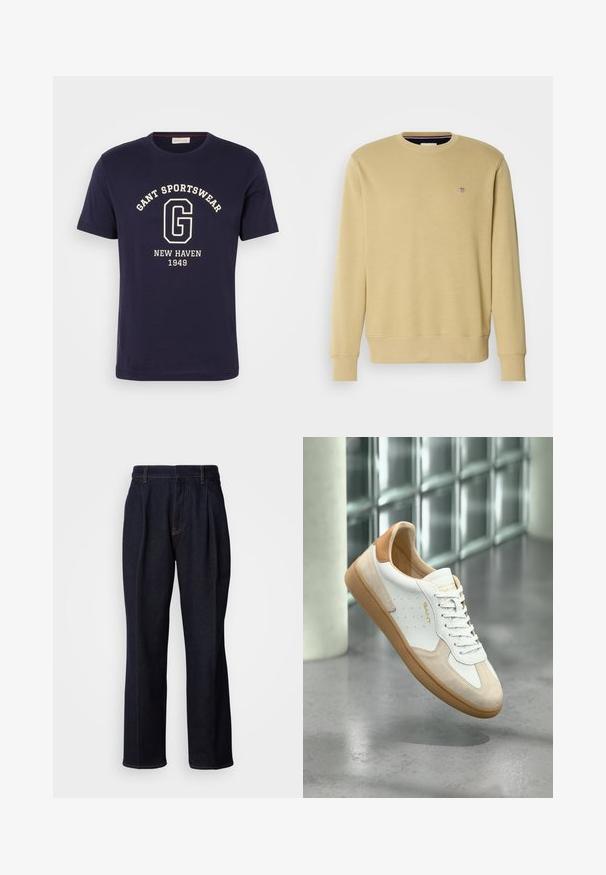 Lys gul sweatshirt lavet af blød bomuld. Har rund halsudskæring, lange ærmer og et lille broderet logo på brystet.; Marineblå bomulds T-shirt med et hvidt grafisk design med "GANT SPORTSWEAR," "NEW HAVEN," og "1949." Rund halsudskæring og korte ærmer.; Mørkeblå vidde denim jeans med frontfældninger og orange syninger, vist på hvid baggrund.; Hvid og beige sneaker med tanfarvet sål og hæl, hvide snørebånd, "GANT"-mærke på siden og tungen, svævende over en poleret betongulv.