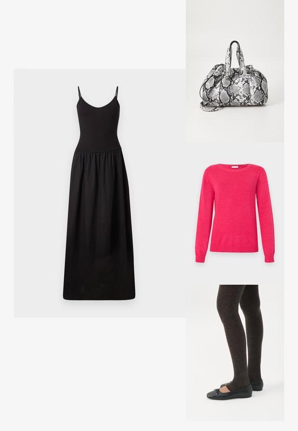 Fuchsia trui met een ronde hals, lange mouwen en geribbelde boorden aan de mouwen en zoom. Gemaakt van zacht gebreid materiaal met een gladde textuur.; Zwart maxi-jurk met dunne verstelbare bandjes, fitted corsage, geplooide taille en gladde stof, die tot op de vloer reikt met een eenvoudige silhouet.; Benen met donkere geribbelde leggings gecombineerd met zwarte ballerina's met kleine strikdetails op een witte achtergrond.; Zwart-wit handtas met slangenhuidpatroon, voorzien van twee handvaten, een trekkoordsluiting en een afneembare schouderriem. Hanteert een gladde textuur.