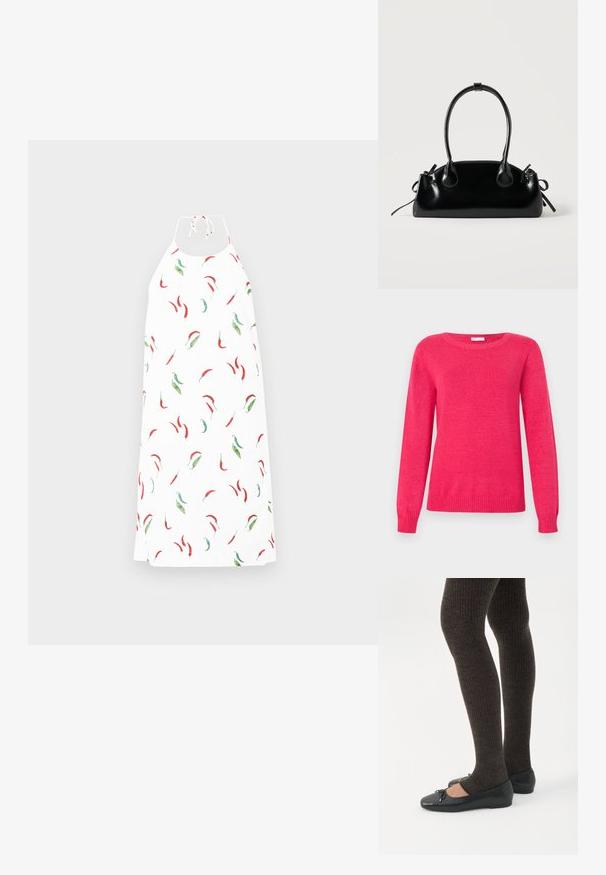 Fuchsia trøje med rund halsudskæring, lange ærmer og ribstrikkede manchetter og kant. Fremstillet af blødt strikmateriale med en glat tekstur.; Halterneck kjole med hvidt stof dekoreret med et spredt chili-peber mønster i rød og grøn. Glat tekstur, afslappet pasform.; Ben iført mørke ribbede leggings kombineret med sorte balletsko med små sløjfedetaljer på hvid baggrund.; Lille sort blank håndtaske med to lange håndtag og snøre-detaljer i siden på en ensfarvet lys baggrund.