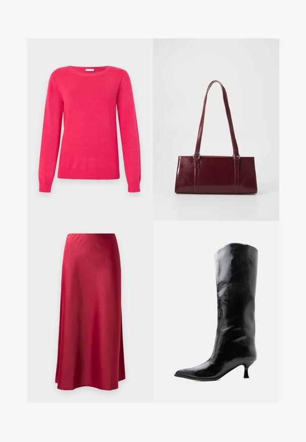 Fuchsia trøje med rund halsudskæring, lange ærmer og ribstrikkede manchetter og kant. Fremstillet af blødt strikmateriale med en glat tekstur.; Rød satin lang nederdel med en glat tekstur, let udvidet form og sideslids for nem bevægelse. Ingen synlige metaldele eller pynt.; Sort skinnende knæhøj læderstøvle med spids tå og lav buet hæl på en ensfarvet lys baggrund.; Bordeaux håndtaske lavet af glansfuldt materiale, rektangulær form, med to skulderremme og subtile buede detaljer på forsiden.