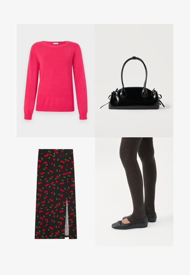 Pull fuchsia avec un col rond, des manches longues et des poignets et un ourlet côtelés. Confectionné en maille douce avec une texture lisse.; Jupe noire avec un motif de cerises comprenant des cerises rouges et des feuilles vertes. Inclut une fente latérale pour un détail de design supplémentaire.; Jambes portant des leggings côtelés foncés associés à des ballerines noires avec de petits détails en nœud sur fond blanc.; Petit sac à main noir brillant avec deux longues anses et des détails à cordon sur les côtés sur un fond clair uni.