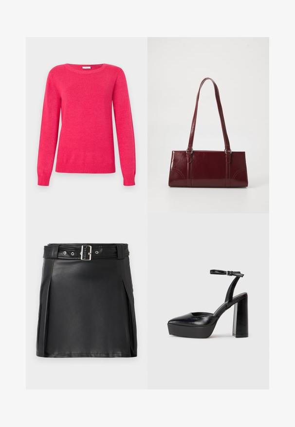 Suéter fucsia con cuello redondo, mangas largas y puños y dobladillo acanalados. Hecho de material de punto suave con una textura lisa.; Minifalda de cuero sintético negra con un diseño ajustado, pliegues laterales y un cinturón con una hebilla plateada y ojetes. Textura suave, cintura alta.; Zapatos de tacón negro con punta afilada y correa ajustable en el tobillo. Confeccionados en cuero suave, presentan un tacón grueso.; Bolso burdeos hecho de material brillante, de forma rectangular, con dos asas para el hombro y sutiles acentos curvados en la parte frontal.