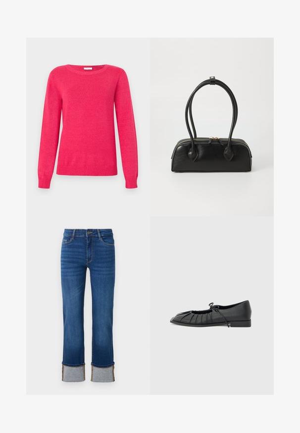 Fuchsia trøje med rund halsudskæring, lange ærmer og ribstrikkede manchetter og kant. Fremstillet af blødt strikmateriale med en glat tekstur.; Blå denimjeans med lige ben, der har opkrøllede manchetter i lys grå. Mellemhøj talje og traditionelt fem-lomme design.; Sort flad sko med plisseret forstykke og bundet sløjfe på toppen, lav hæl og glat tekstur på en lysegrå baggrund.; Sort læder håndtaske med to langstrakte håndtag, lynlåslukning og afrundet form; glat tekstur med en subtil blank finish.
