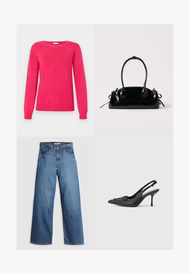 Suéter fucsia con cuello redondo, mangas largas y puños y dobladillo acanalados. Hecho de material de punto suave con una textura lisa.; Jeans de mezclilla azul de pierna ancha con cintura alta, que cuentan con cinco bolsillos, costuras en contraste y cierre de cremallera.; Sandal de tacón stiletto negro de cuero con punta afilada, correa lateral con hebilla, tachuelas a lo largo del borde y cordones decorativos en la parte delantera.; Pequeño bolso negro brillante con dos asas largas y detalles de cordón lateral sobre un fondo claro liso.